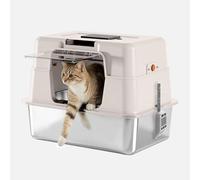 FZZOR Stainless Steel Cat Litter Box with Lid, High Side Enclosed Kitty Litter Pan, Covered Metal Base Cat Box with Litter Scoop, Easy to Clean, Non-Stick, Odor-Free, White