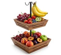 G.a HOMEFAVOR Fruit Basket 2 Tier Acacia Wood Fruit Bowl with Banana Hanger Vegetables Storage Rack Kitchen Countertop Organizer for Holding Snacks