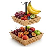 G.a HOMEFAVOR Fruit Basket 2-Tier Bamboo Fruit Bowl with Banana Hanger, Vegetables Storage Rack Kitchen Countertop Organizer for Holding Snacks