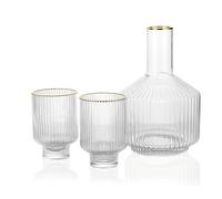 G Bedside Carafe Glass Set, 1 Pitcher 2 Cups For Nightstand Water, Ribbed Bedside Water Decanter 59 oz With Gold Rim Tumbler 12.5 oz Cup,Vintage Bedside Carafe Use for Bathroom,Bedroom,Kitchen, Office