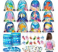 G.C 48 Pcs Under the Sea Party Bag Fillers Ocean Drawstring Bags Silicone Bracelets Keychains Glow Tattoo Stickers Gift Bags Blue Sea Animals Party Favours Kids Girls Boys Birthday Party Supplies