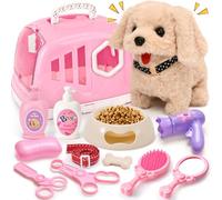 G.C Toy Dogs for Kids Electronic Pets Interactive Plush Soft Dog Walking Barking Wagging Dog with Pet Carrier Feeding and Grooming Kit Accessories Pretend Play Toys Birthday Gifts for Girls Toddler