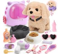 G.C Walking Dog Toys for Kids with Backpack & Clothes & Leash, Electronic Pet Interactive Plush Puppy Barking Wagging Tail Robot Dog Pretend Play Toys Gifts for Girls 3 4 5 6 7 Year Olds