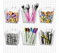 G.CORE Large Pegboard Cups Peg Board Storage Bin 6 Pack with Hooks, Square Box Shape Pegboard Cup Holder Accessories for Garage Workbench/Craft Room/Office/Playroom/Home Kitchen Organization (Clear)