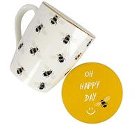 G Decor Cream-White and Gold Ceramic Gold Bumble Bees 500ml Tall Extra Large Drinks Mug Cup for Tea or Coffee, Includes a Yellow Matching Coaster in a Gift Box