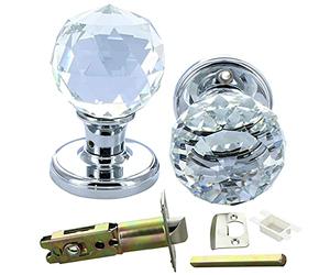 G Decor Crystal Glass Mortice Door Knob Pair - 60mm Clear Round Handles with Chrome Rose & Premium Adjustable 60-70mm Tubular Latch - Internal Door Handles for Bedroom, Living Room & Hallway