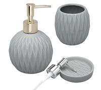G Decor Designer 3-Piece Grey with Gold and Chrome Pump Ceramic Bath Accessory Set, Includes Liquid Soap or Lotion Dispenser, Toothbrush Holder or Tumbler, Soap Dish (Modern Grey)