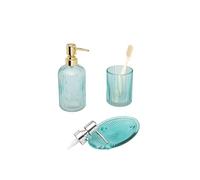 G Decor Designer 3-Piece Modern Transparent Pressed Glass Bathroom Accessory Set, Includes Liquid Soap or Lotion Dispenser, Toothbrush Holder, Soap Dish (Blue)