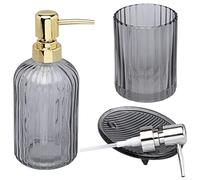 G Decor Designer 3-Piece Smoky Grey Modern Transparent Pressed Glass Bathroom Accessory Set, Includes Liquid Soap or Lotion Dispenser, Toothbrush Holder, Soap Dish