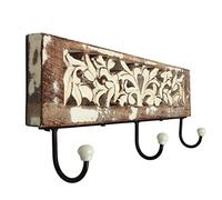 G Decor Handcrafted Antique Floral Carved Wooden Wall Hook Rack Rustic 3-Hook Hanger in Whitewashed Mango Wood