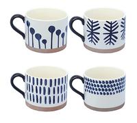 G Decor Milo Set of 4 Handcrafted Ceramic Mugs Large Cups with Blue Brushstroke Design