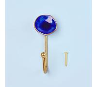 G Decor Rhodes Handmade & Handcrafted Ceramic Wall Hook Crackle Glaze with Brass Finish (Dark Blue)