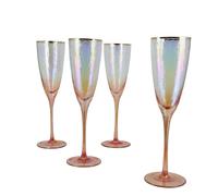 G Decor Set of 4 Handmade Iridescent Pearl Hammered Champagne Flutes with Gold Rim