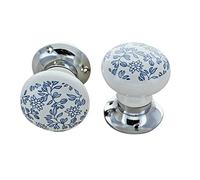 G Decor Set of Royal Blue Pattern Ceramic Mortice Door Handles - Handcrafted Internal Turning Knobs with Chrome Base for Bedroom & Interior Doors