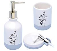 G Decor White Black Flower Print Cream Gold + Chrome Pump Ceramic 3-Piece Bath Accessory Set, Includes Liquid Soap or Lotion Dispenser, Toothbrush Holder or Tumbler, Soap Dish (Artistic Flowers)