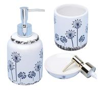 G Decor White Cream Gold + Chrome Pump Ceramic 3-Piece Bath Accessory Set, Includes Liquid Soap or Lotion Dispenser, Toothbrush Holder or Tumbler, Soap Dish (Modern Flowers)