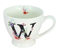 G Decor White Floral, 350ml, Alphabet A-Z Ceramic Tea Coffee XL Cup Mug, Novelty Drinkware for Morning or Evening Drink (W)