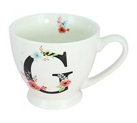 G Decor White Floral, 350ml, Alphabet A-Z Ceramic Tea Coffee XL Cup Mug, Novelty Drinkware for Morning or Evening Drink (G)