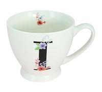 G Decor White Floral, 350ml, Alphabet A-Z Ceramic Tea Coffee XL Cup Mug, Novelty Drinkware for Morning or Evening Drink (I)