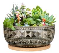 G EPGardening 8 Inch Ceramic Succulent Planter Pots Round Shallow Bonsai Planter Pot for Indoor Plants with Drainage and Bamboo Saucer Gray