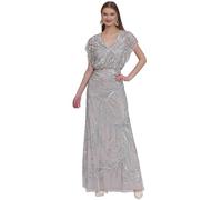 G EVE Premium Women's Full Length Evening Dress - V Neck Kimono Sleeveless | Polyester Elegant Prom Party Gown | Zipper & Hook Eye Closure | Ideal for Evening Occasion & Wedding Guest | Silver - 8 UK