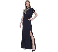 G EVE Women's Full Length Dress - Round Neck, Left Cascade Sleeve - Polyester Gown | Embellished Evening Wear with Zipper & Hook Eye Closure | Ideal for Bridesmaids & Wedding Guest | Navy Blue - 14 Uk