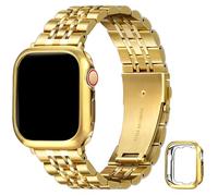 G-ficu Metal Straps with Protective Case Compatible with Apple Watch Straps Men Women 45mm 44mm 42mm, Adjustable Stainless Steel iWatch Strap for iwatch Strap Series 9 8 7 6 5 4 3 2 1 SE, Gold