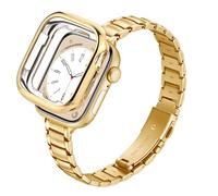 G-ficu Slim Metal Band with Case for Apple Watch Straps Women 41mm 40mm 38mm, Thin Stainless Steel Band with Protective Cover, iWatch Strap for Apple Watch Series 9 8 7 6 5 4 3 2 1 SE Strap, Gold