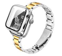G-ficu Slim Metal Straps with Case Compatible with Apple Watch Straps Women 40mm with Screen Protector, Thin Stainless Steel Band, iWatch Strap for Apple Watch Strap Series 6 5 4 SE, Silver Gold