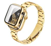G-ficu Slim Metal Straps with Case Compatible with Apple Watch Straps Women 41mm with Screen Protector, Thin Stainless Steel Band, Easy Adjustable iWatch Strap for Apple Watch Strap Series 9 8 7, Gold