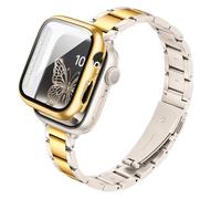 G-ficu Slim Metal Straps with Case Compatible with Apple Watch Straps Women 41mm with Screen Protector, Thin Stainless Steel Band, iWatch Strap for Apple Watch Strap Series 9 8 7, Starlight Gold
