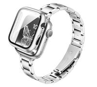 G-ficu Slim Metal Straps with Case Compatible with Apple Watch Straps Women 44mm with Screen Protector, Thin Stainless Steel Band, Adjustable iWatch Strap for Apple Watch Strap Series 6 5 4 SE, Silver