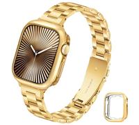 G-ficu Slim Metal Straps with Protective Cover for Apple Watch Straps Women 41mm 40mm 38mm, Thin Stainless Steel Band with Case, iWatch Strap for Apple Watch Series 9 8 7 6 5 4 3 2 1 SE Strap, Gold