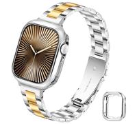 G-ficu Slim Metal Straps with Protective Cover for Apple Watch Straps Women 41mm 40mm, Thin Stainless Steel Band with Case, iWatch Strap for Apple Watch Series SE 9 8 7 6 5 4 Strap, Silver Gold