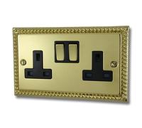 G&H Brassware MB310 13A Double Pole Georgian Polished Brass Double Socket - Metal Rockers and Black Inserts