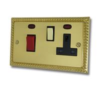 G&H Brassware MB329 45A Georgian Polished Brass Cooker Switch with 13A Switched Socket - Red and Metal Rockers and Black Inserts