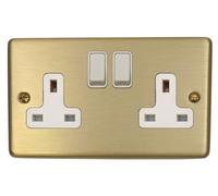 G&H CSB10W Standard Plate Satin Brushed Brass 2 Gang Double 13A Switched Plug Socket