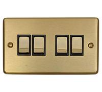 G&H CSB304 Standard Plate Satin Brushed Brass 4 Gang 1 or 2 Way Rocker Light Switch