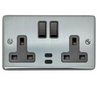 G&H CSC913B Standard Plate Satin Chrome 2 Gang Double 13A Plug Socket Dual 4.2A USB C