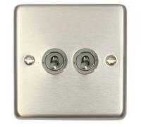 G&H CSS382-SS Standard Plate Brushed Steel 2 Gang 1 or 2 Way Toggle Light Switch