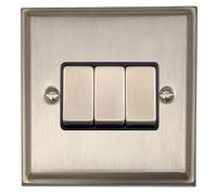 G&H DSN303 Deco Plate Satin Nickel 3 Gang 1 or 2 Way Rocker Light Switch