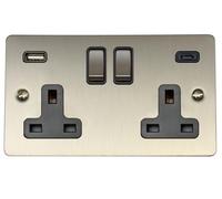 G&H FSS3911 Flat Plate Brushed Steel 2 Gang Double 13A Plug Socket 3.1A USB A + C