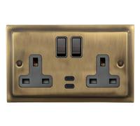 G&H TLAB913B Trimline Plate Light Antique Brass 2 Gang Double 13A Plug Socket Dual 4.2A USB C