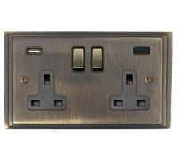 G&H VAB3911 Victorian Plate Antique Brass 2 Gang Double 13A Plug Socket 3.1A USB A + C