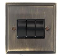 G&H VAB3B Victorian Plate Antique Brass 3 Gang 1 or 2 Way Rocker Light Switch