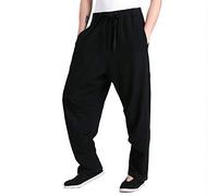 G-LIKE Black Martial Arts Harem Trousers - Men's Training Pants, Size M, 28 Inches Waist, Long Length, Wide Legs, Mid Rise, Cotton Linen, 5 Pockets, Unisex, Spring-Summer