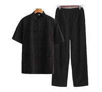 G-LIKE Chinese Clothing Tang Suit - Traditional China Ancient Costume Male Martial Arts Tangzhuang Kung Fu Short Sleeve Jacket Suits Shirt Outfit Uniform Cloth Pants for Men - Cotton (Black, L)