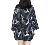 G-LIKE Women Japanese Kimono Cardigan - Autumn Harajuku Ancient Style Bathrobe Cardigan Sunscreen Clothes Pajamas Jacket Feather Knitting Coat (Black Crane)