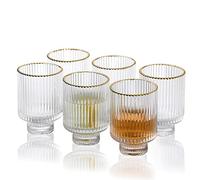 G Meridian Tumbler Glasses set of 6, 11.5 oz Clear with Gold Rim Durable Drinking Highball Cup for Water Soda Juice Milk Coke Beer Spirits Iced Beverage Vintage Style Home Office Desk Everyday Use