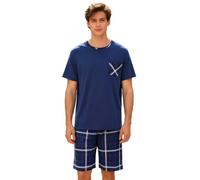 G.N Dreamer Men's Short Sleeve Pyjama Set - 2-Piece Sleepwear Soft & Breathable Cotton Lounge Wear Set Round Neck Short Sleeve Checked Shorty Casual Loungewear Blue